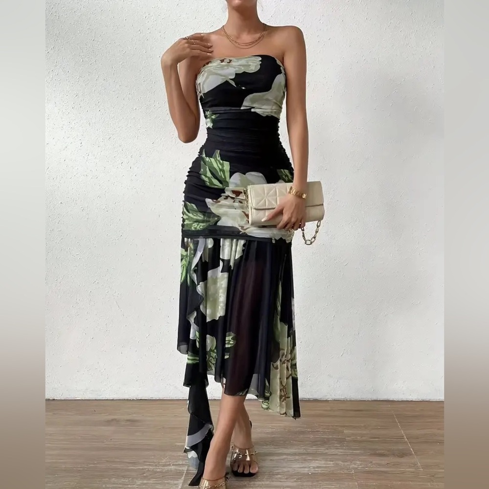 Commense Black Floral Asymmetrical Strapless Dress
